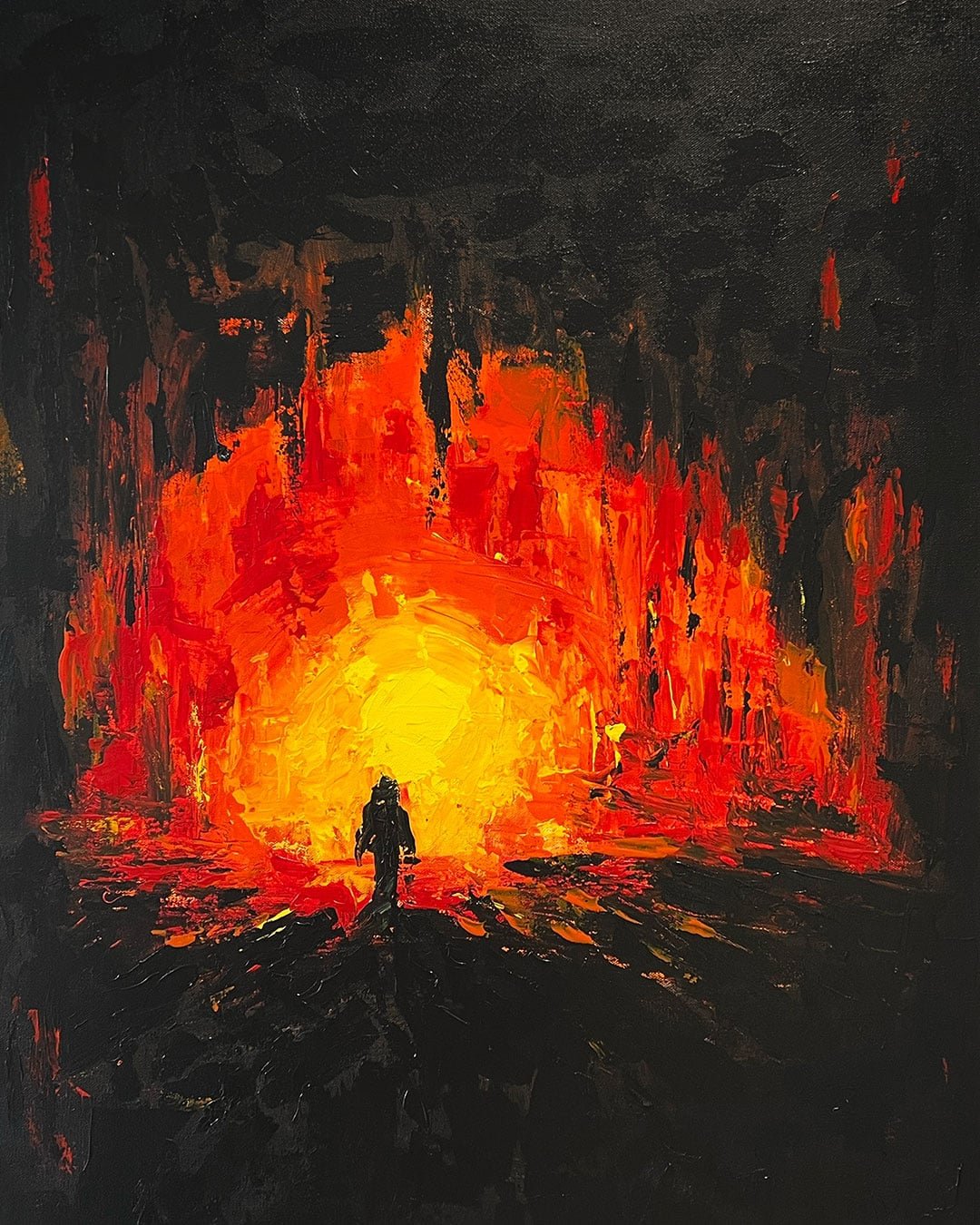 "Alone on Your Way" is a powerful abstract expressionist work exploring the courage to start over from scratch. Using deep blacks, fiery reds, and radiant yellows, it depicts a solitary shadow figure navigating an unknown landscape with a single light—a visual metaphor for the resilience needed to build a new path through the darkness. Rooted in personal experience, this piece transforms individual struggle into a universal narrative of self-reliance and hope. Exhibitions & Awards: Honorable Mention: Awarded by Gavin Glakas at "A Bright Light", Arlington Artists Alliance gallery, VA. Exhibited: "Closer Beyond; Further Within", DC Arts Center, Washington, DC. Framing: Ready to hang in a custom matte black natural wood floating frame. The artwork is preserved with museum-grade standards, using archival, acid-free materials and UV-protective glazing to ensure longevity and color brilliance.